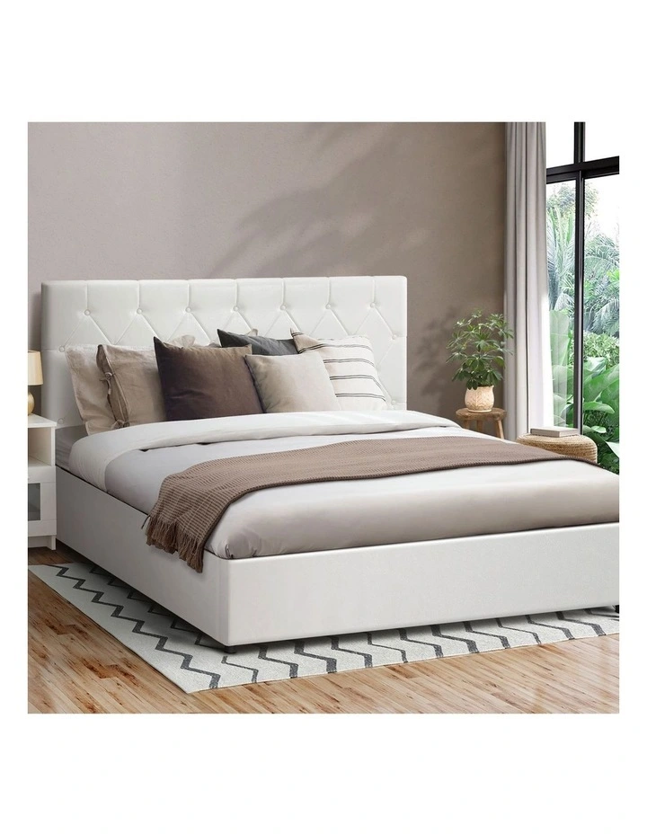 Oikiture Bed Frame Queen Size Gas Lift Storage Base White Leather COTI image 4