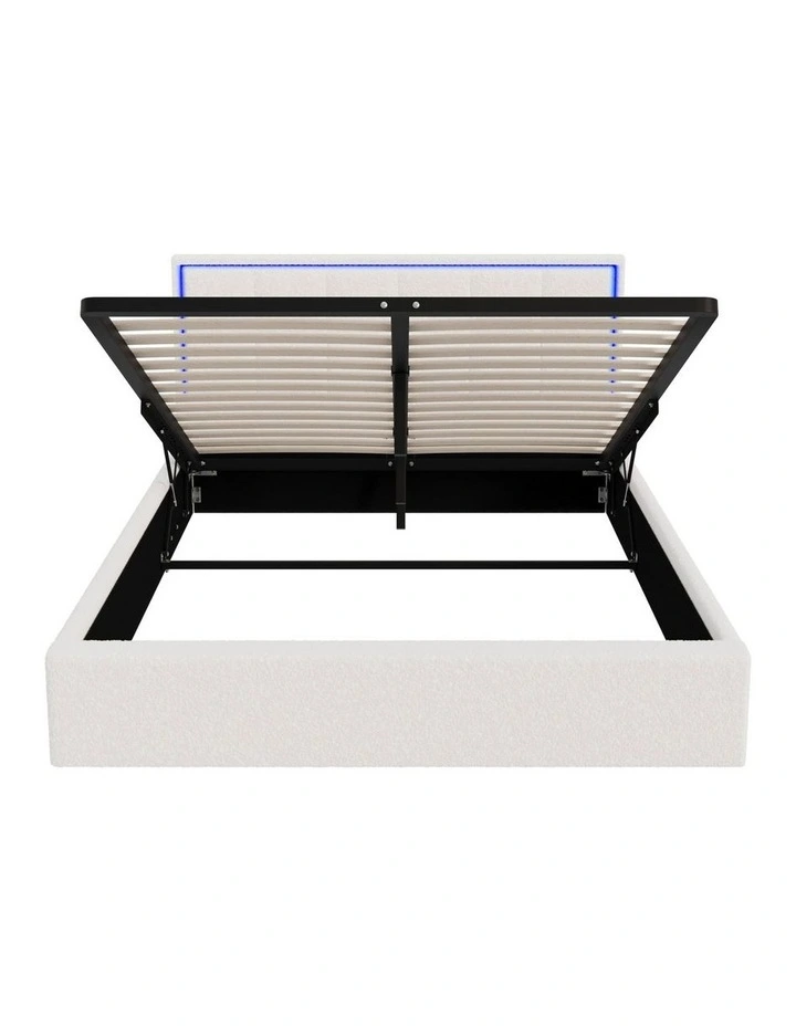 Oikiture Bed Frame Queen Size RGB LED Gas Lift Storage Base White Boucle image 2