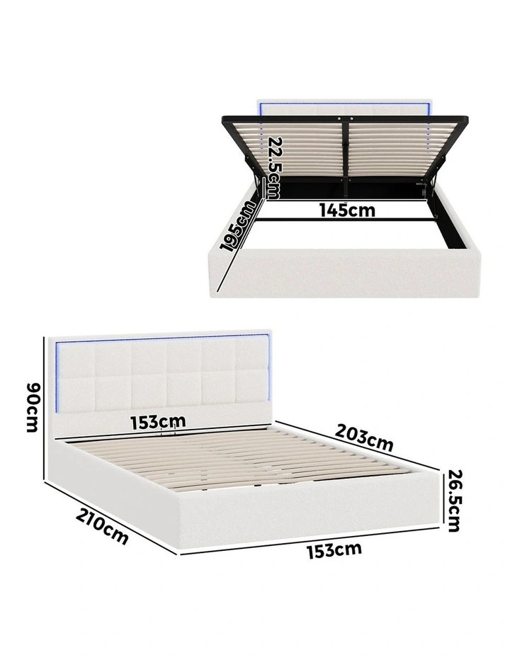 Oikiture Bed Frame Queen Size RGB LED Gas Lift Storage Base White Boucle image 3