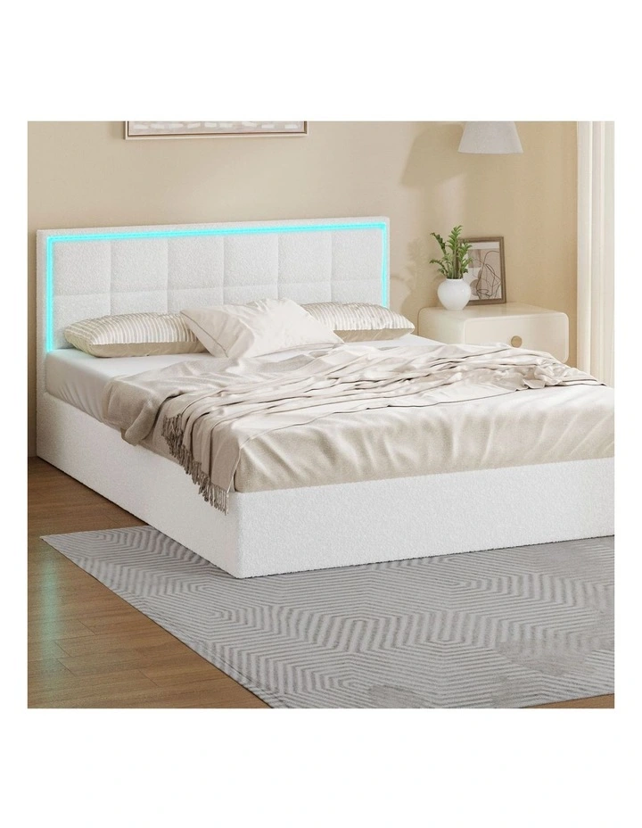 Oikiture Bed Frame Queen Size RGB LED Gas Lift Storage Base White Boucle image 4