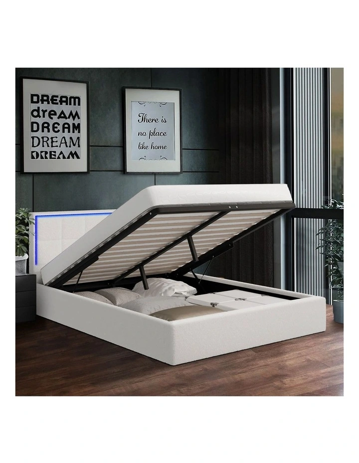 Oikiture Bed Frame Queen Size RGB LED Gas Lift Storage Base White Boucle image 5