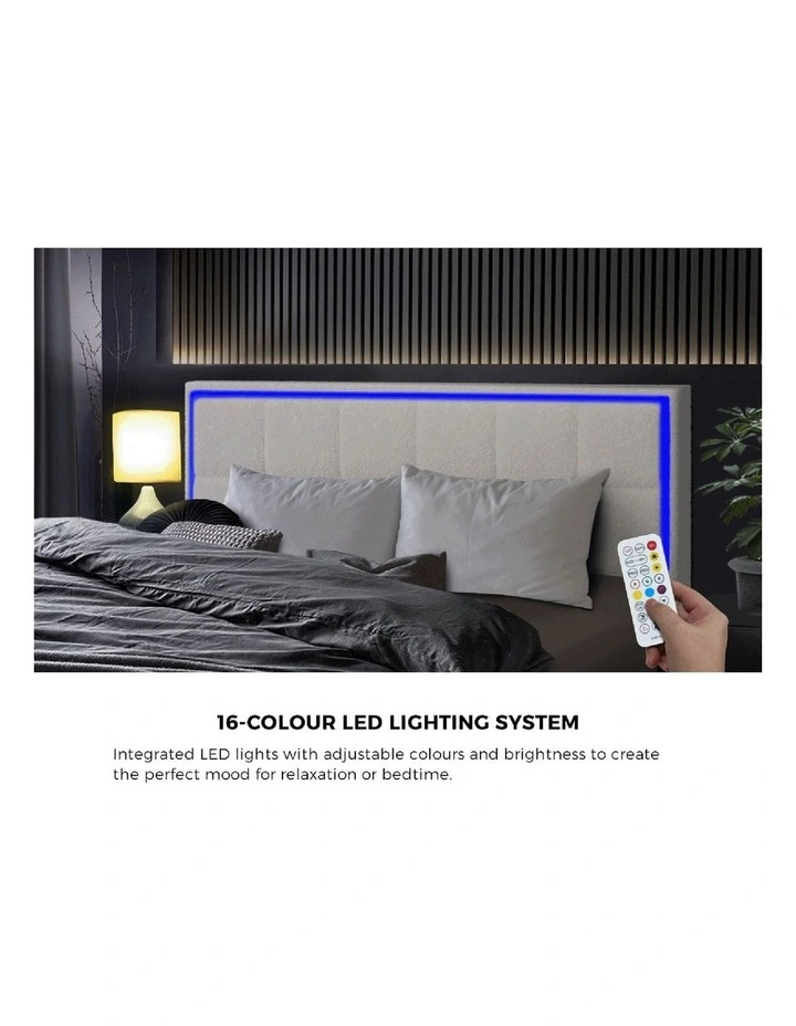 Oikiture Bed Frame Queen Size RGB LED Gas Lift Storage Base White Boucle image 6
