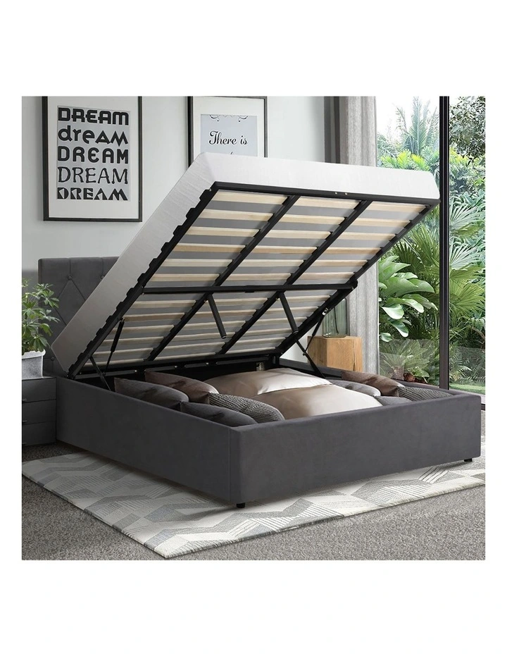 Oikiture Bed Frame King Size Gas Lift Storage Base Grey Velvet COTI image 5