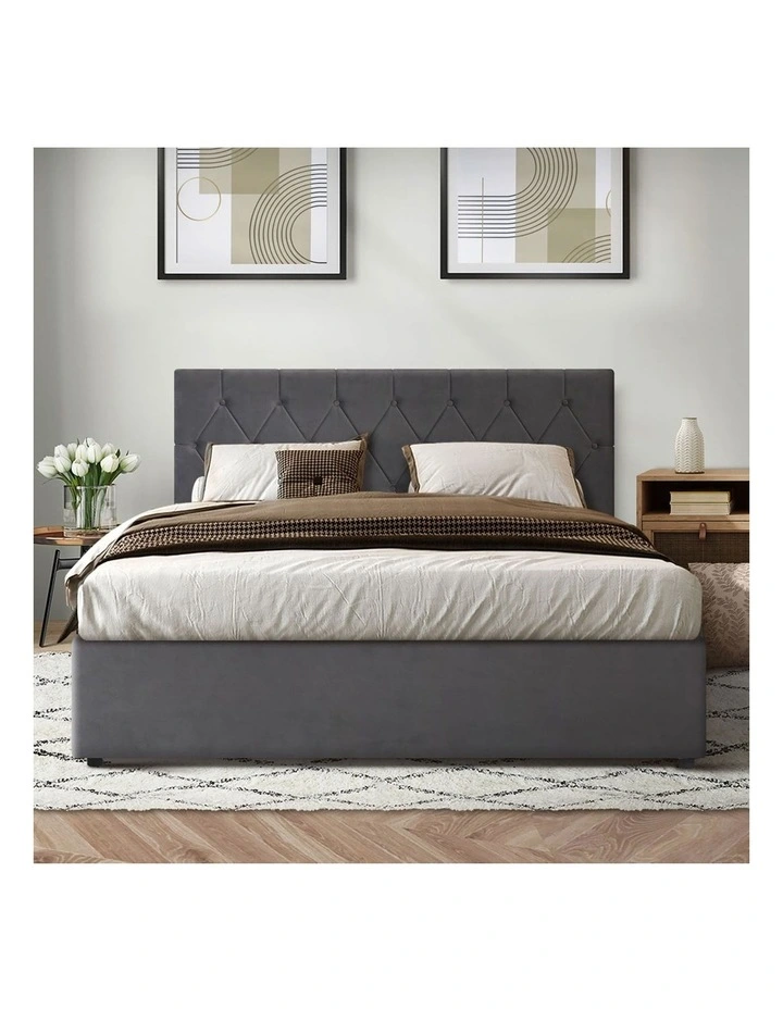 Oikiture Bed Frame King Size Gas Lift Storage Base Grey Velvet COTI image 6