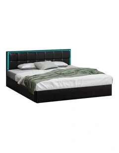 Oikiture Bed Frame King Size RGB LED Gas Lift Storage Base Leather