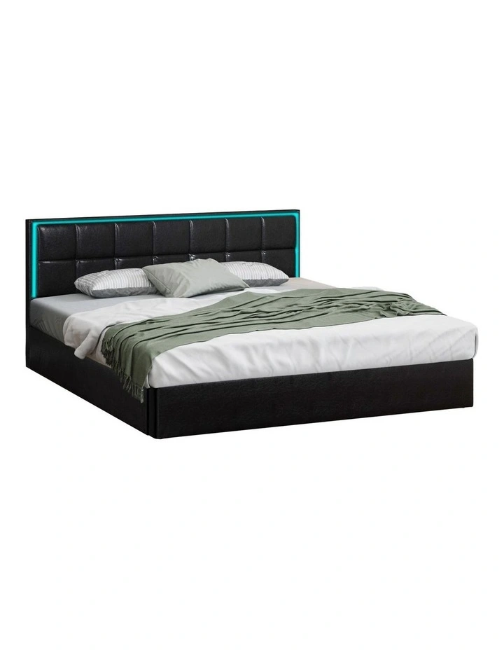 Oikiture Bed Frame King Size RGB LED Gas Lift Storage Base Leather image 1