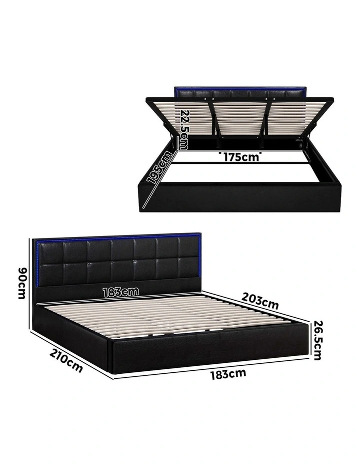 Oikiture Bed Frame King Size RGB LED Gas Lift Storage Base Leather image 3