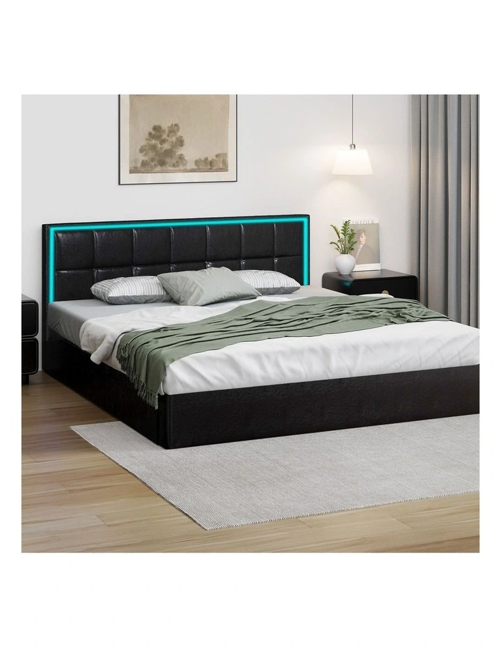 Oikiture Bed Frame King Size RGB LED Gas Lift Storage Base Leather image 4