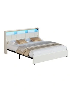 Oikiture King Size Bed Frame with LED Storage Headboard USB Charging Beige