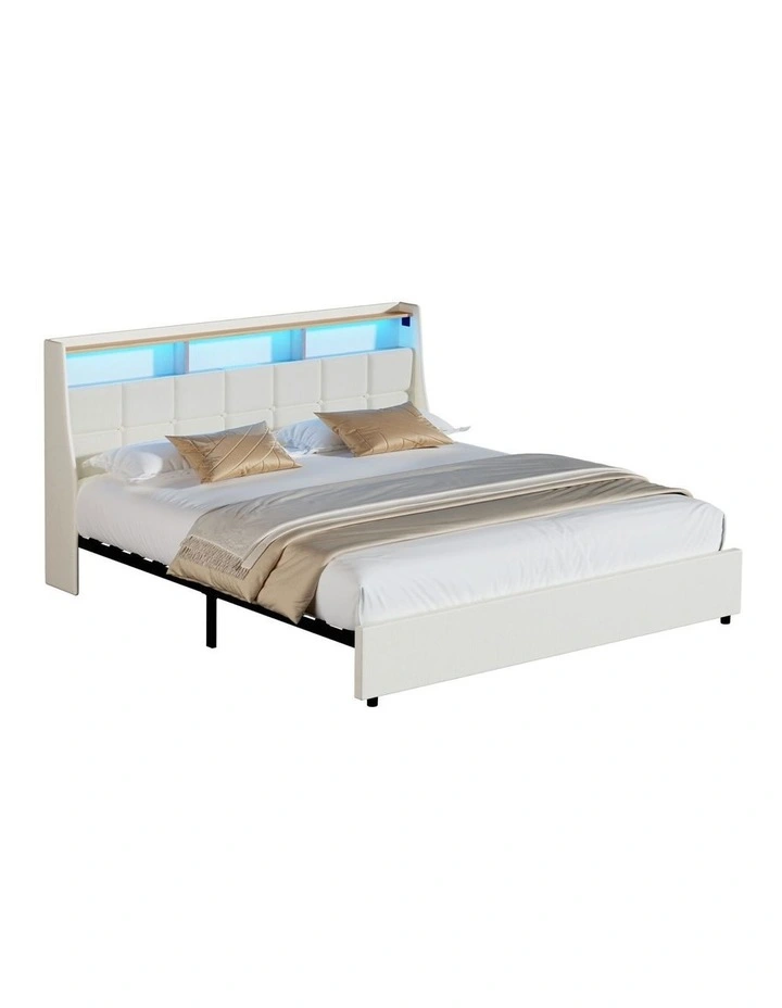 Oikiture King Size Bed Frame with LED Storage Headboard USB Charging Beige image 1