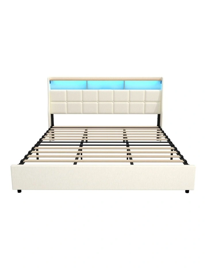 Oikiture King Size Bed Frame with LED Storage Headboard USB Charging Beige image 2