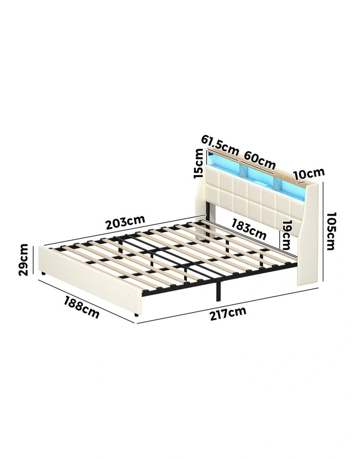 Oikiture King Size Bed Frame with LED Storage Headboard USB Charging Beige image 3