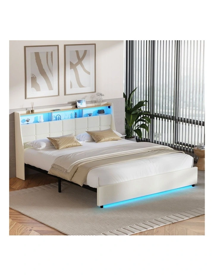 Oikiture King Size Bed Frame with LED Storage Headboard USB Charging Beige image 4