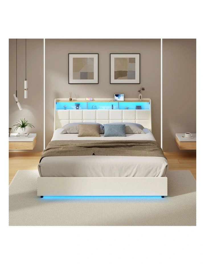Oikiture King Size Bed Frame with LED Storage Headboard USB Charging Beige image 5