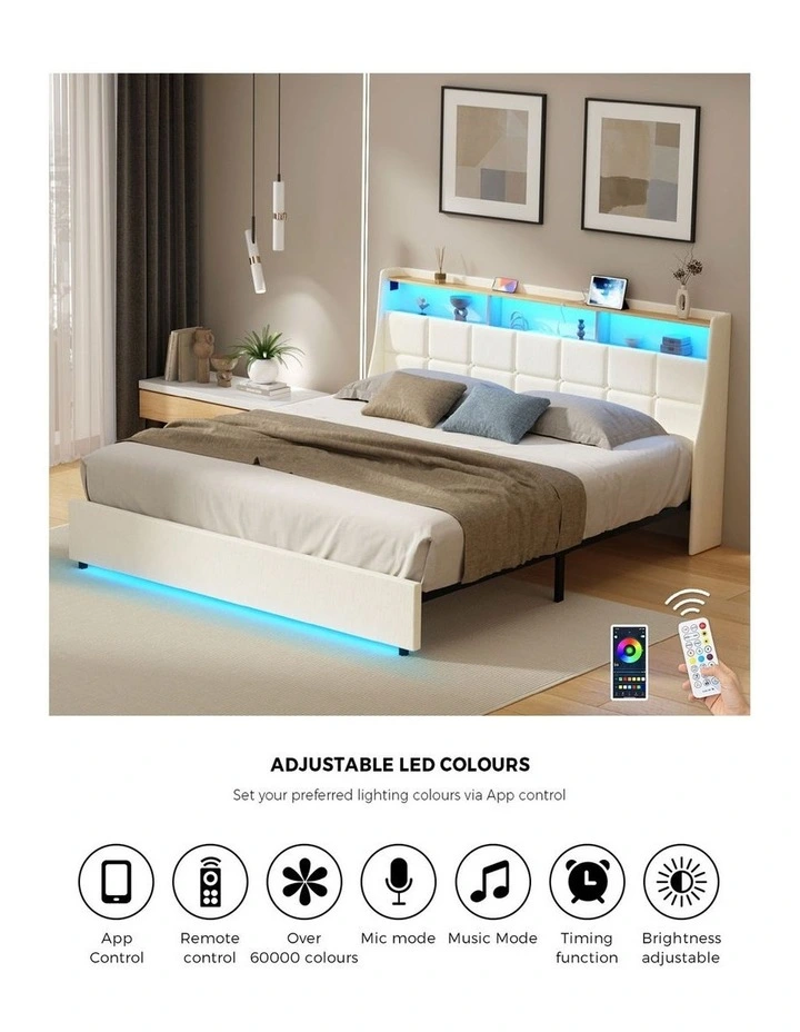 Oikiture King Size Bed Frame with LED Storage Headboard USB Charging Beige image 6