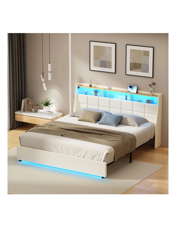 Oikiture King Size Bed Frame with LED Storage Headboard USB Charging Beige image 7