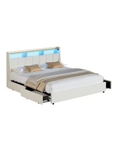 Oikiture King Size Bed Frame Headboard RGB Lights with Drawer USB Charge Beige