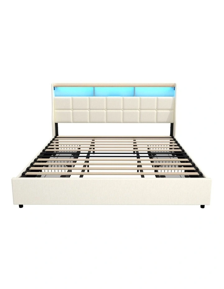 Oikiture King Size Bed Frame Headboard RGB Lights with Drawer USB Charge Beige image 2
