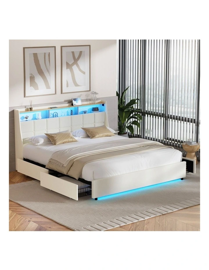 Oikiture King Size Bed Frame Headboard RGB Lights with Drawer USB Charge Beige image 4