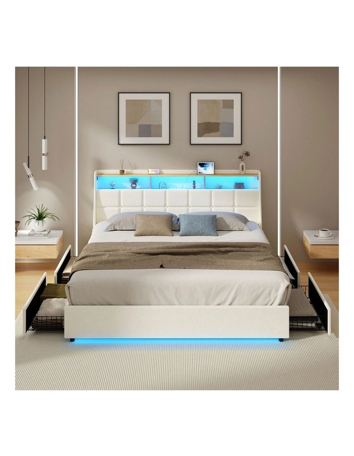 Oikiture King Size Bed Frame Headboard RGB Lights with Drawer USB Charge Beige image 5