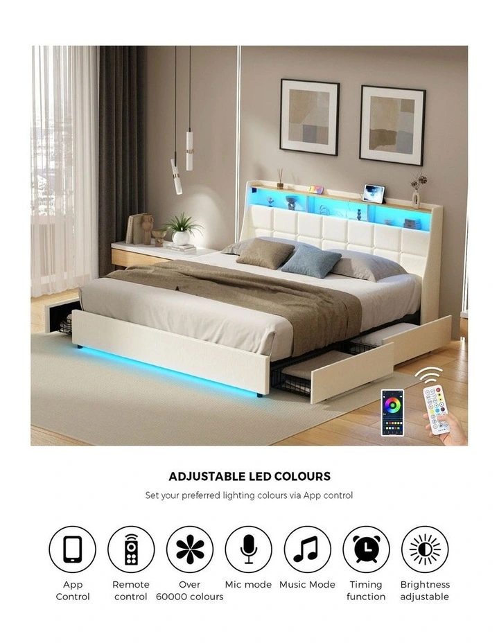 Oikiture King Size Bed Frame Headboard RGB Lights with Drawer USB Charge Beige image 6