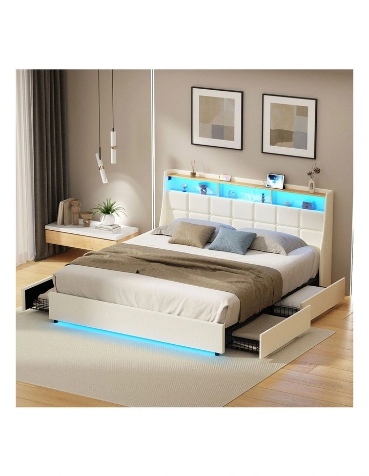 Oikiture King Size Bed Frame Headboard RGB Lights with Drawer USB Charge Beige image 7