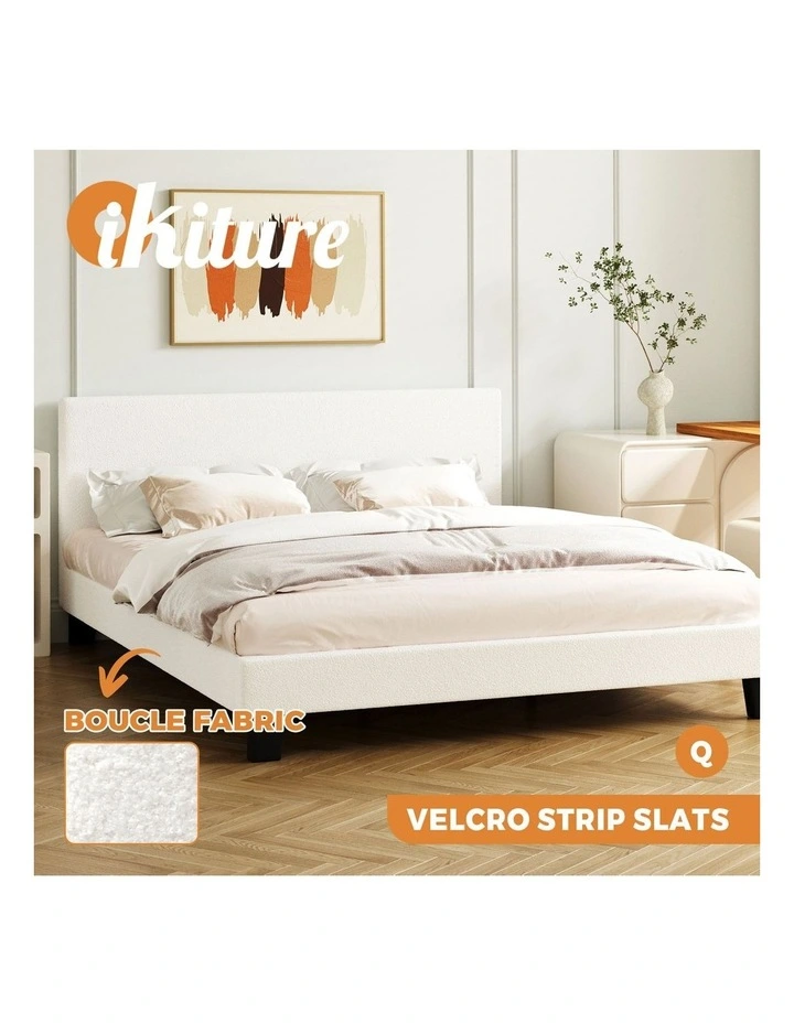 Oikiture Bed Frame Queen Size Boucle Fabric Platform Wooden Slats image 4