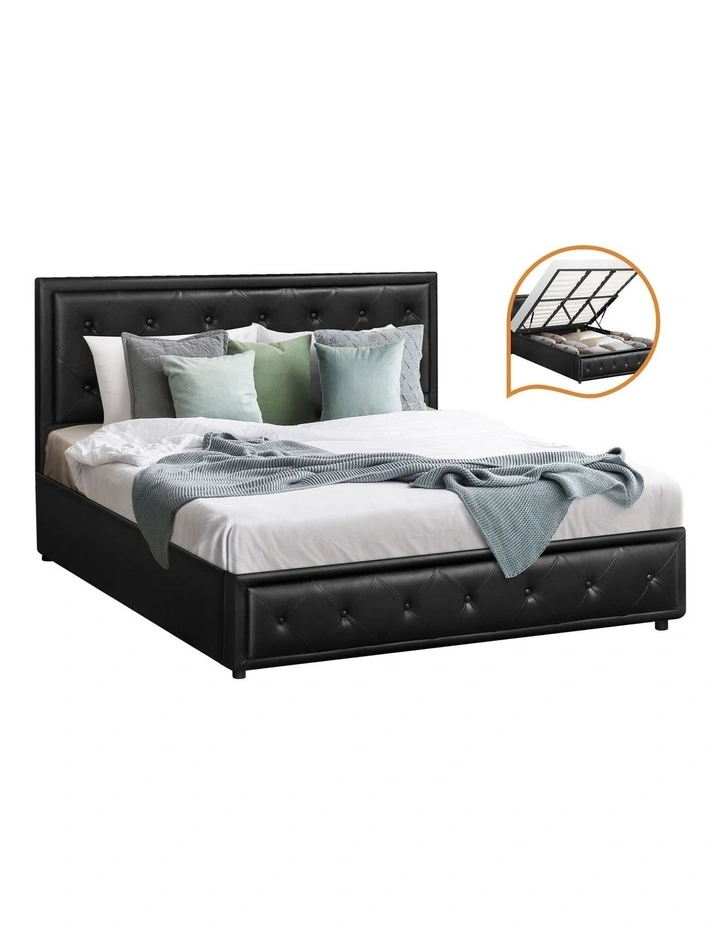 Oikiture Bed Frame King Size Gas Lift Base With Storage Black Leather image 1