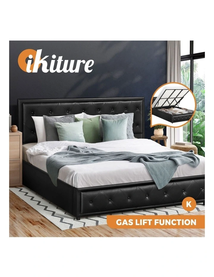 Oikiture Bed Frame King Size Gas Lift Base With Storage Black Leather image 4