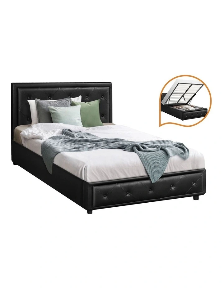 Oikiture Bed Frame King Single Size Gas Lift Base With Storage Black Leather image 1
