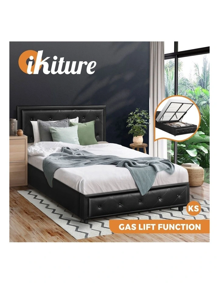 Oikiture Bed Frame King Single Size Gas Lift Base With Storage Black Leather image 4