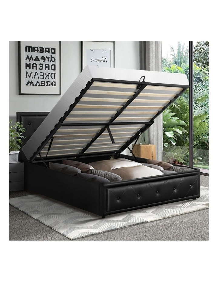 Oikiture Bed Frame King Single Size Gas Lift Base With Storage Black Leather image 5