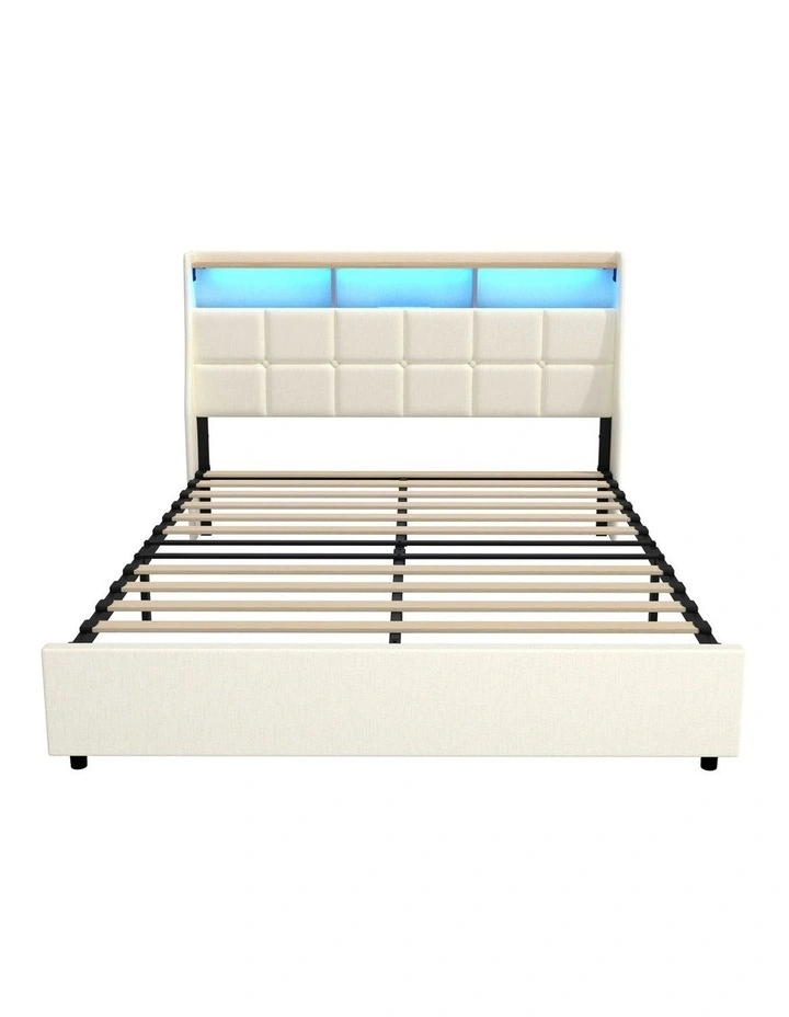 Oikiture Queen Size Bed Frame with LED Storage Headboard USB Charging Beige image 2