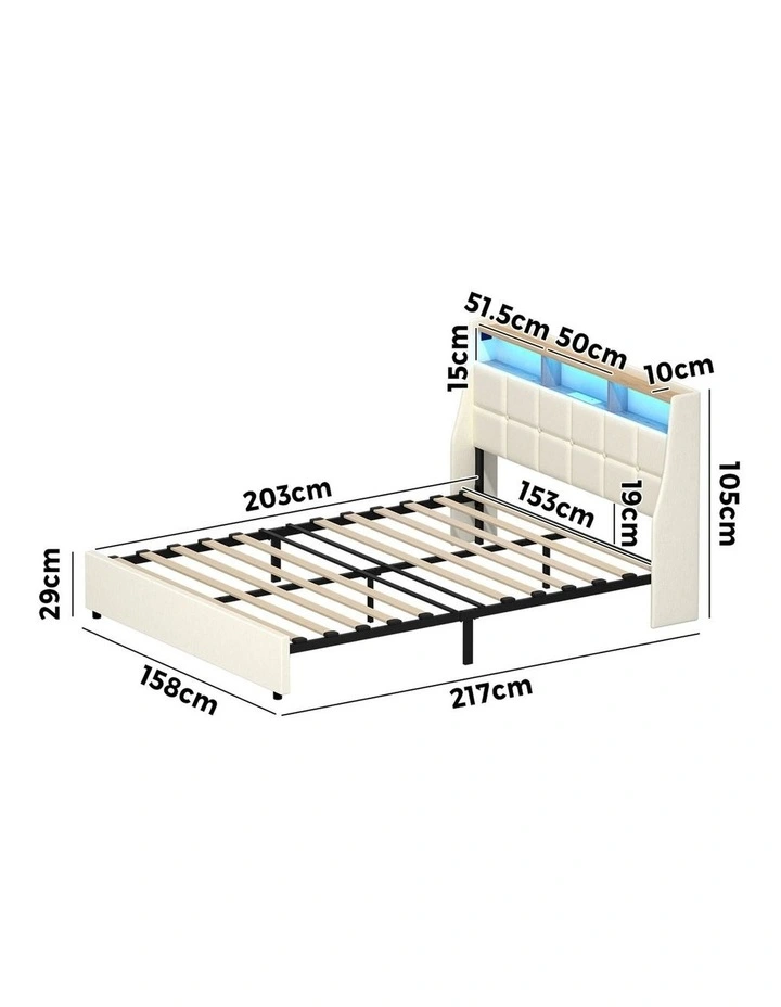 Oikiture Queen Size Bed Frame with LED Storage Headboard USB Charging Beige image 3
