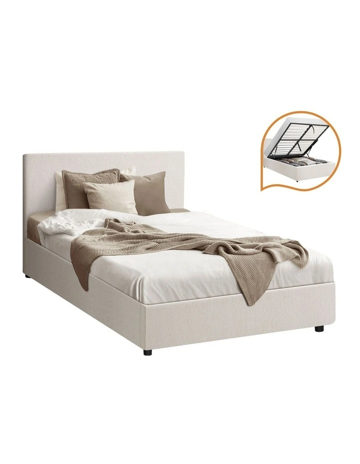 Oikiture Bed Frame Single Size Gas Lift Base With Storage White Boucle image 1