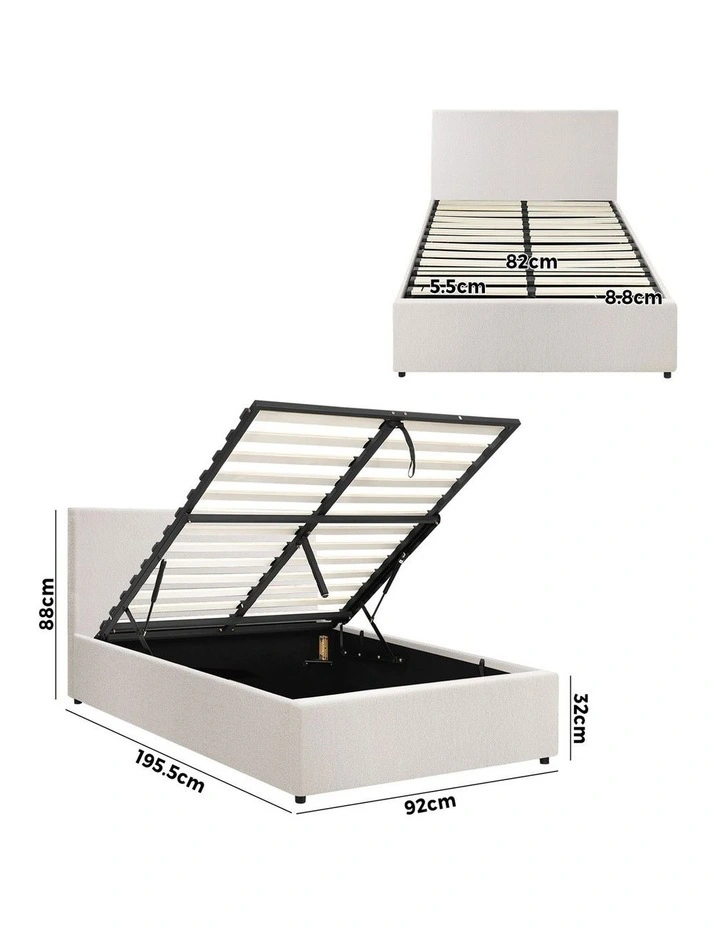 Oikiture Bed Frame Single Size Gas Lift Base With Storage White Boucle image 3