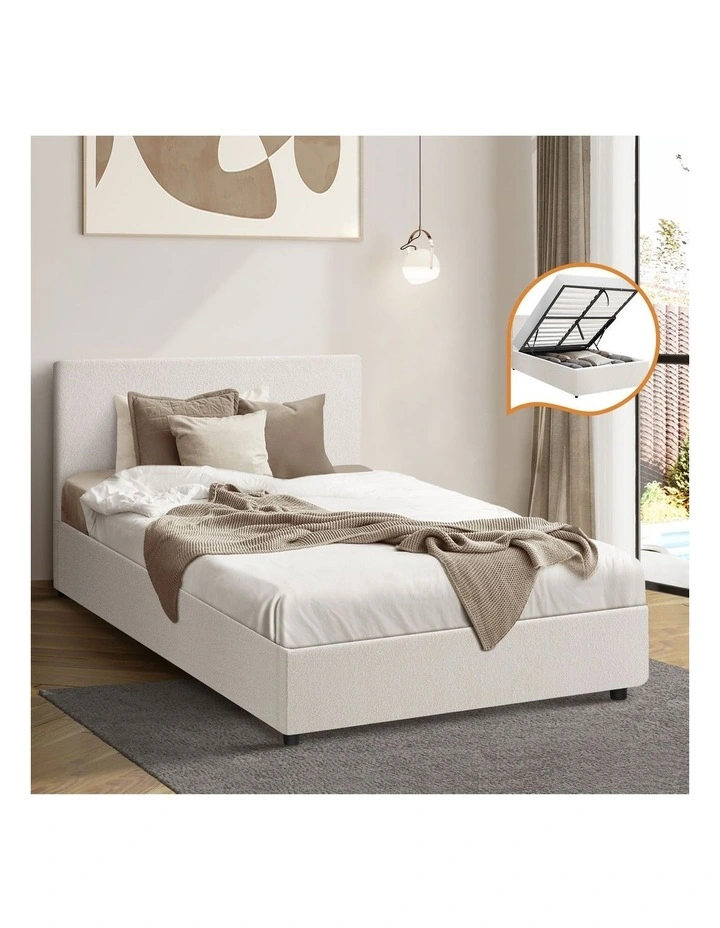 Oikiture Bed Frame Single Size Gas Lift Base With Storage White Boucle image 4