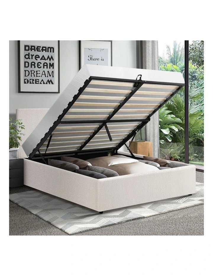 Oikiture Bed Frame Single Size Gas Lift Base With Storage White Boucle image 5