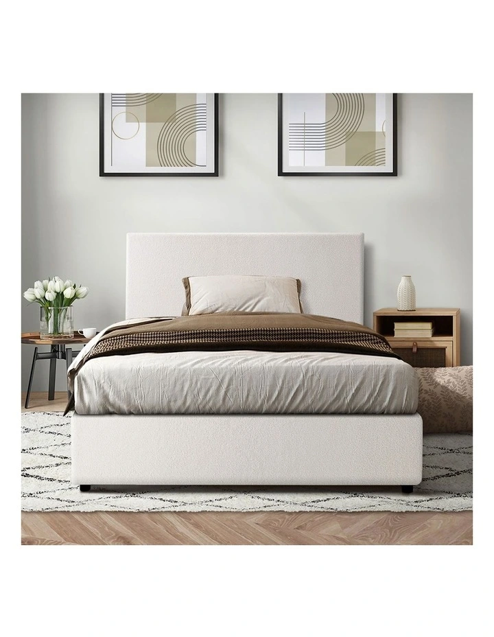 Oikiture Bed Frame Single Size Gas Lift Base With Storage White Boucle image 6