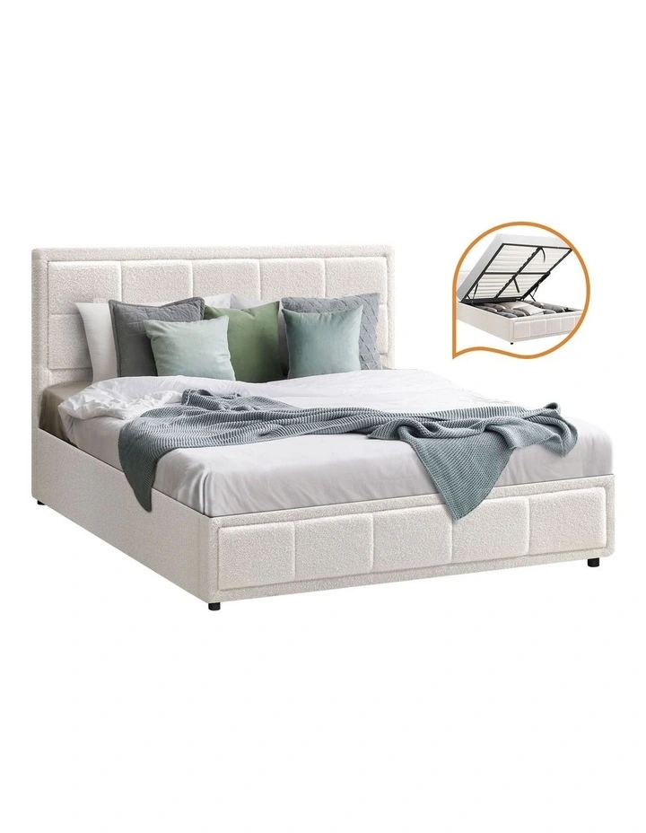 Oikiture Bed Frame Queen Size Gas Lift Storage Bed Platform Boucle White image 1