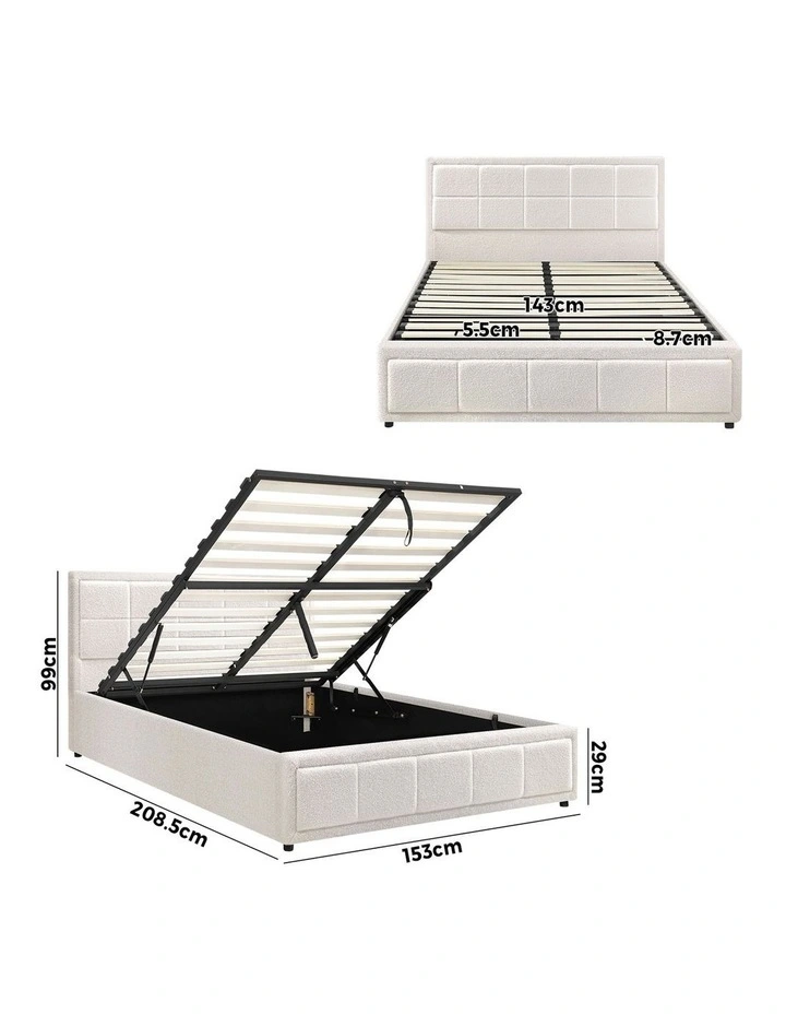 Oikiture Bed Frame Queen Size Gas Lift Storage Bed Platform Boucle White image 3