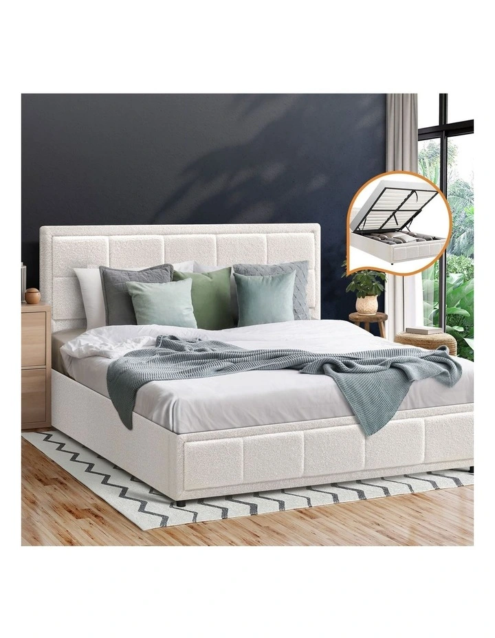 Oikiture Bed Frame Queen Size Gas Lift Storage Bed Platform Boucle White image 4
