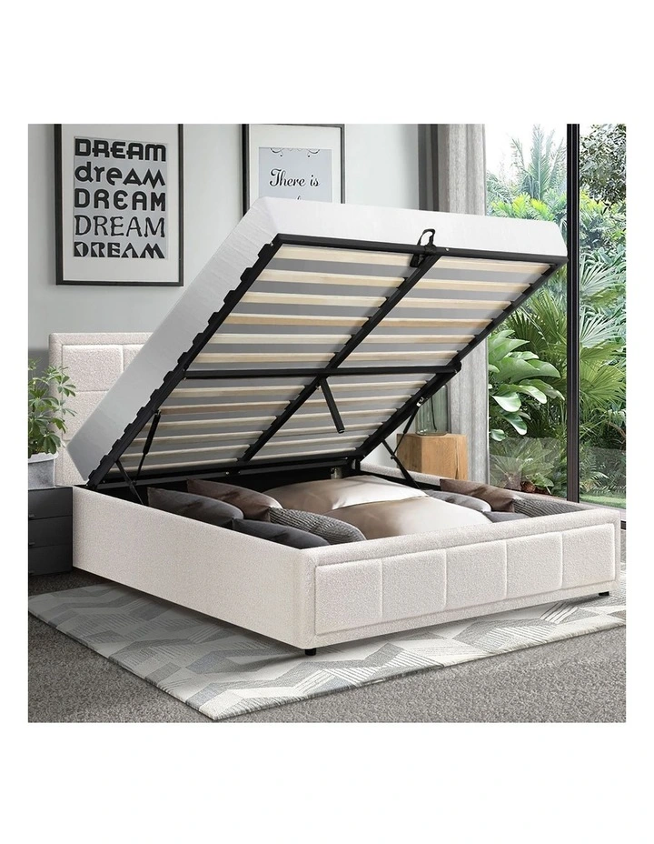Oikiture Bed Frame Queen Size Gas Lift Storage Bed Platform Boucle White image 5