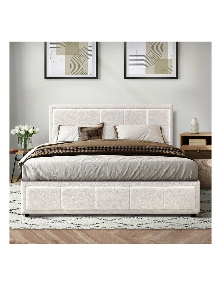 Oikiture Bed Frame Queen Size Gas Lift Storage Bed Platform Boucle White image 6