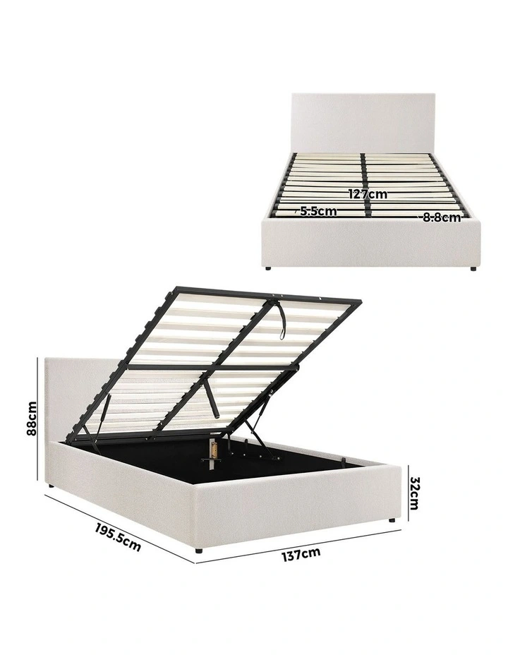 Oikiture Bed Frame Double Size Gas Lift Base With Storage White Boucle image 3