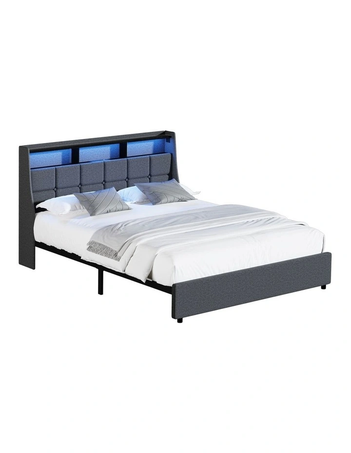 Oikiture Double Size Bed Frame With LED Storage Headboard USB Charging image 1
