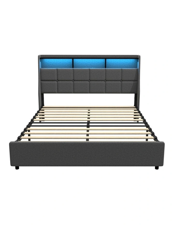 Oikiture Double Size Bed Frame With LED Storage Headboard USB Charging image 2