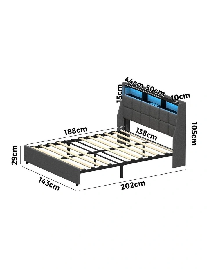 Oikiture Double Size Bed Frame With LED Storage Headboard USB Charging image 3