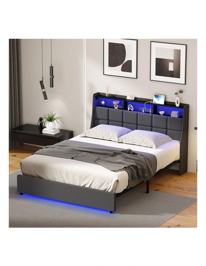 Oikiture Double Size Bed Frame With LED Storage Headboard USB Charging image 7
