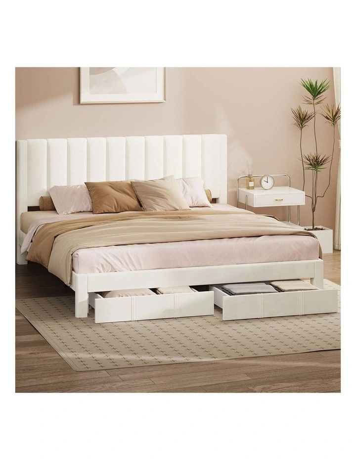 Oikiture Bed Frame King Size Headboard Platform Base with Drawer Beige image 4